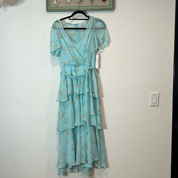 Calvin Klein Tiered Floral Pale Aqua Chiffon Boho midi  Dress size 6 women’s new - Picture 2 of 8